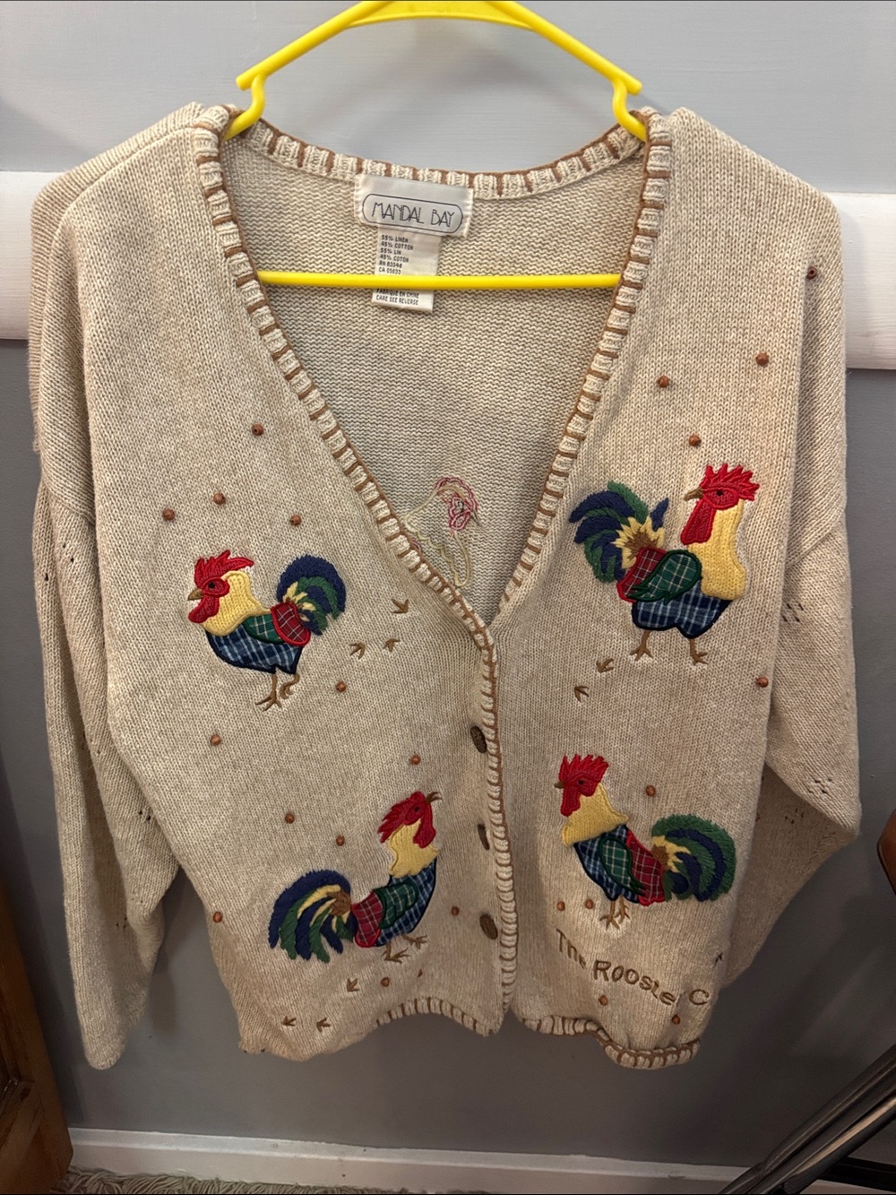 Mandal Bay Women's Beige Rooster Embroidered Cardigan Sweater
